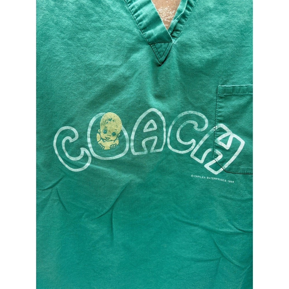 Vintage Angelica Scrub Top Shirt Mens X-Large Green Coach Graphic Made USA 80s - Picture 4 of 7